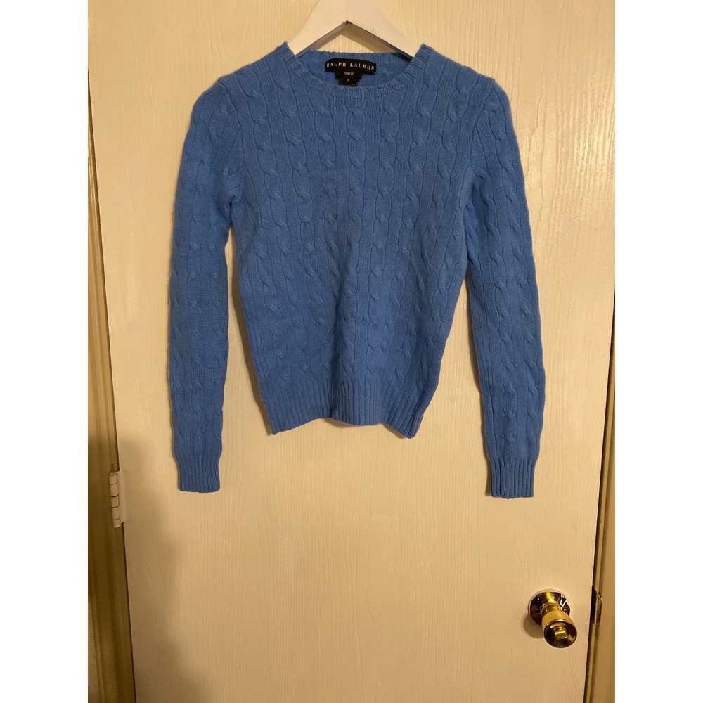 Ralph Lauren Cashmere Cable Knit Sweater Slim Fit Blue Crew Neck Womens Med 0201